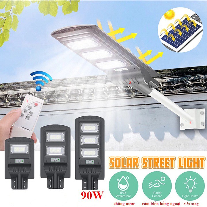 đèn tích điện năng lượng mặt trời 90W cảm ứng hồng ngoại & remote điều khiển từ xa