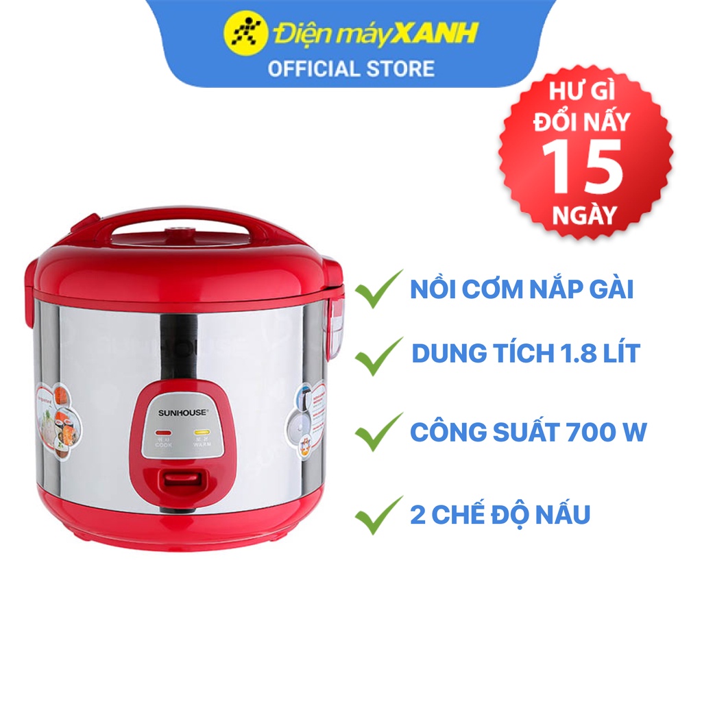 Nồi cơm điện nắp gài Sunhouse SHD 18S 1.8 lít  700 W lòng nồi chống dính - Chính hãng BH 12 tháng