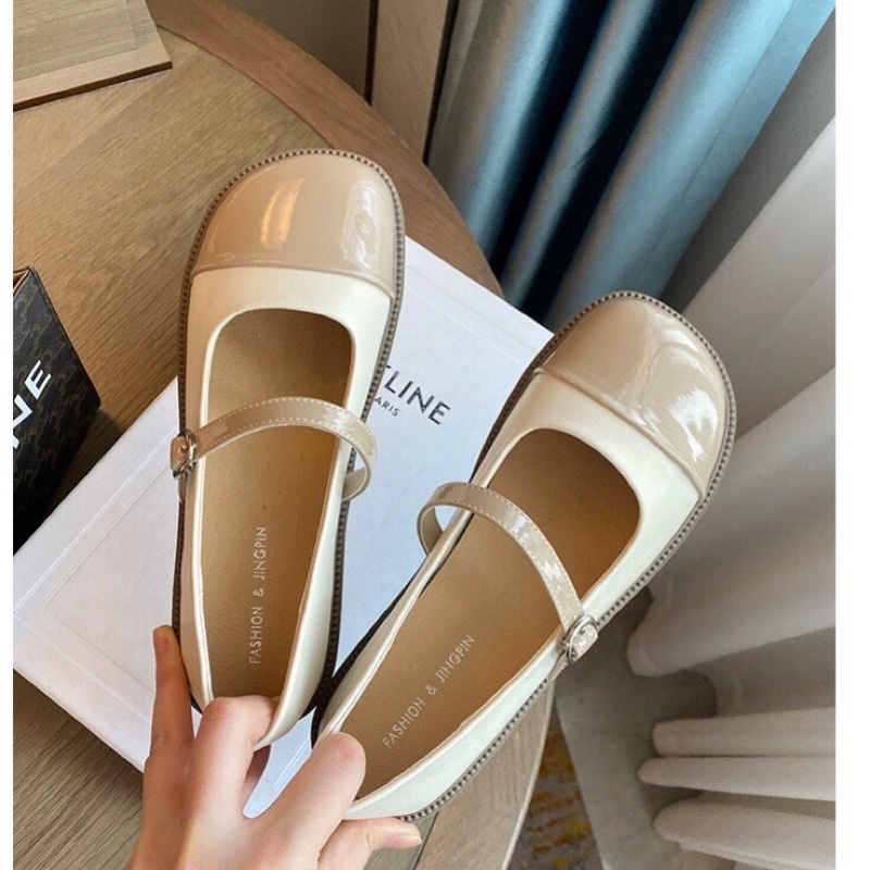 Giày Búp Bê Mũi Vuông Đế Dày Phối Màu Đen Trắng Phong Cách Retro