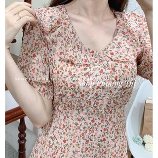 Váy hoa nhí cổ sen bèo cộc tay - Đầm hoa nhí dáng dài qua gối  ྇