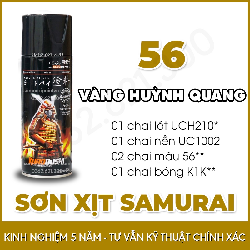COMBO Đầy Đủ Sơn Cặp Mâm Màu 56** Vàng Chanh Huỳnh Quang - Sơn Samurai Lót-Nền-Màu-Bóng