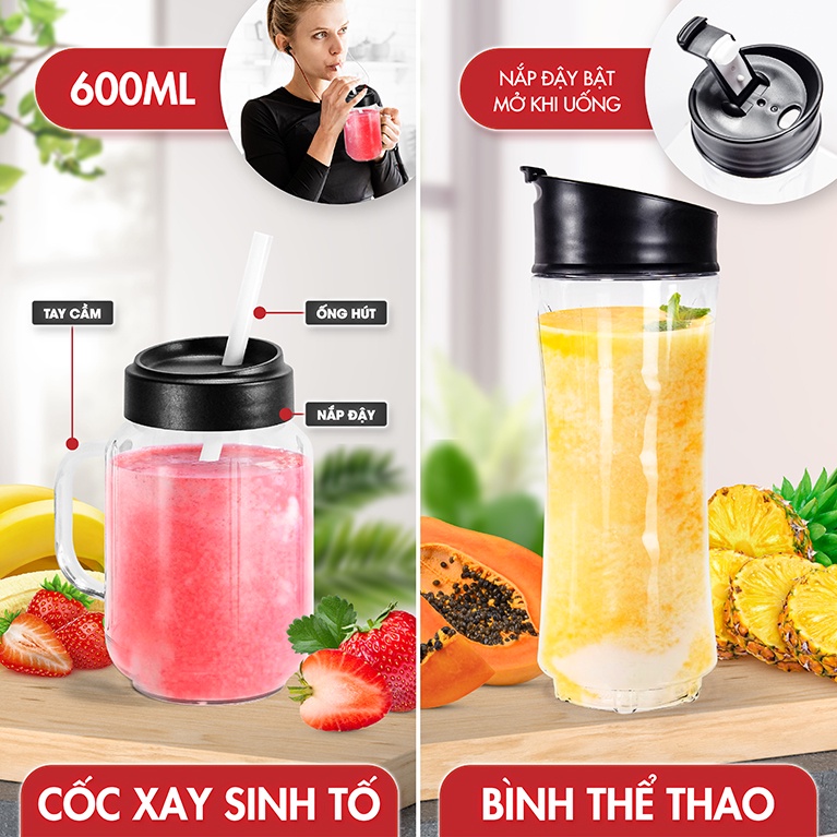 Máy xay sinh tố đa năng Masuto chuyên gia say món healthy eatclean 2 cối 0,6L kèm ống hút