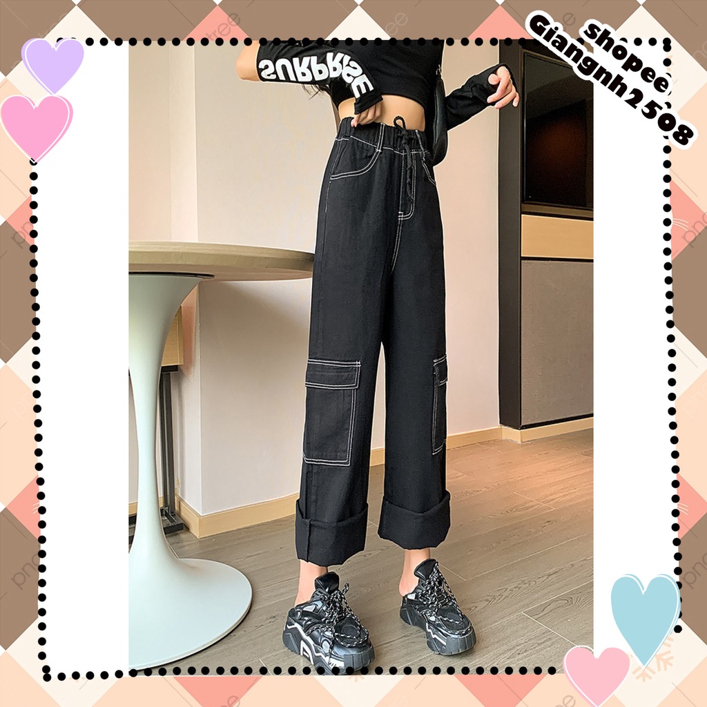 Q012 Quần Culottes đen giả Jean nam nữ ống rộng túi hộp, quần bò giả unisex dáng suông cạp cao  dài