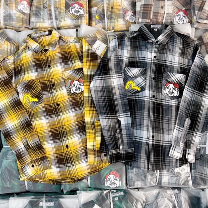 Áo Sơ Mi Nam Tay Dài Vải Nỉ Caro In Hình EVISU Phong Cách Độc Lạ Thời trang Hot Trend Mới