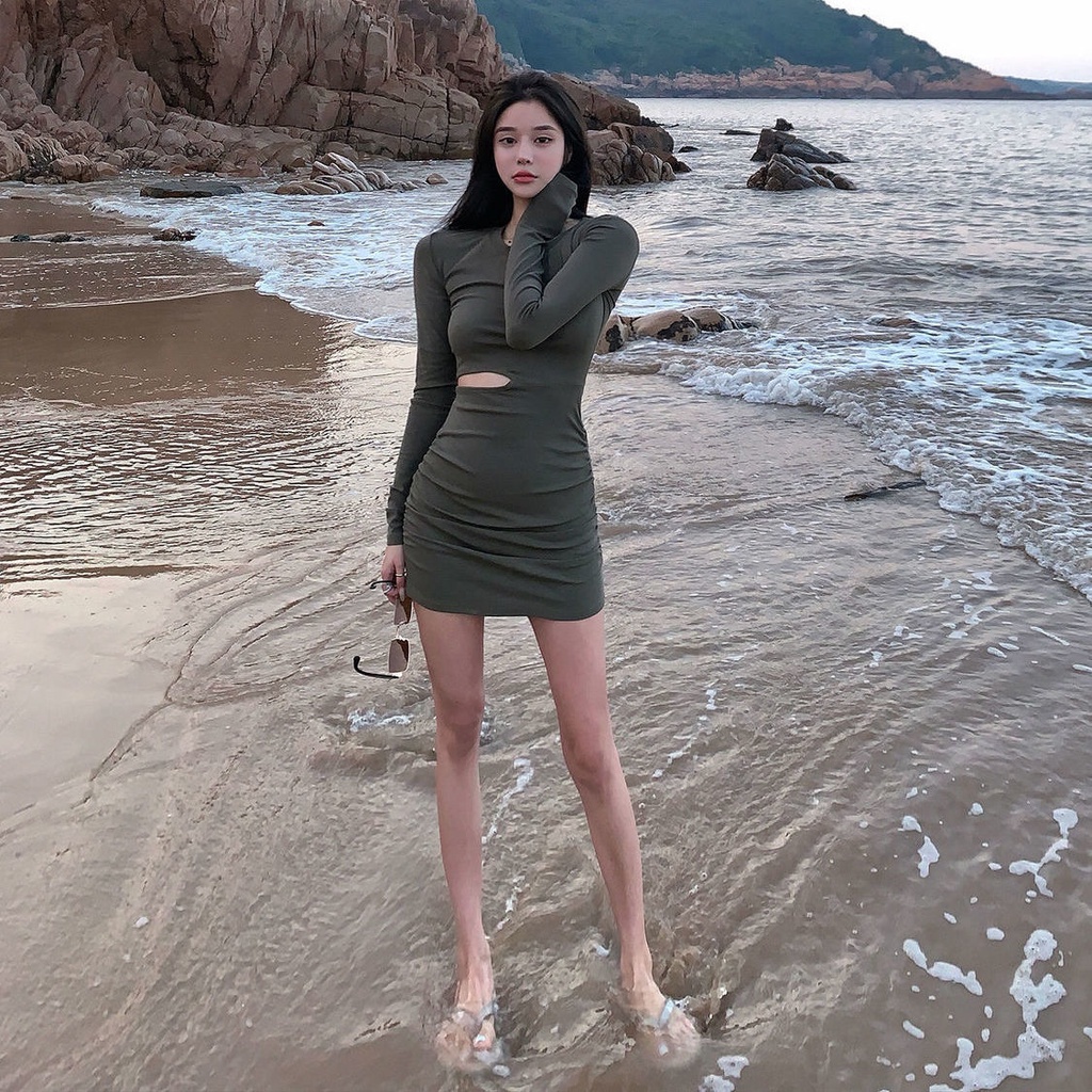 COZOK Đầm tay dài dáng ôm thời trang quyến rũ cho nữ