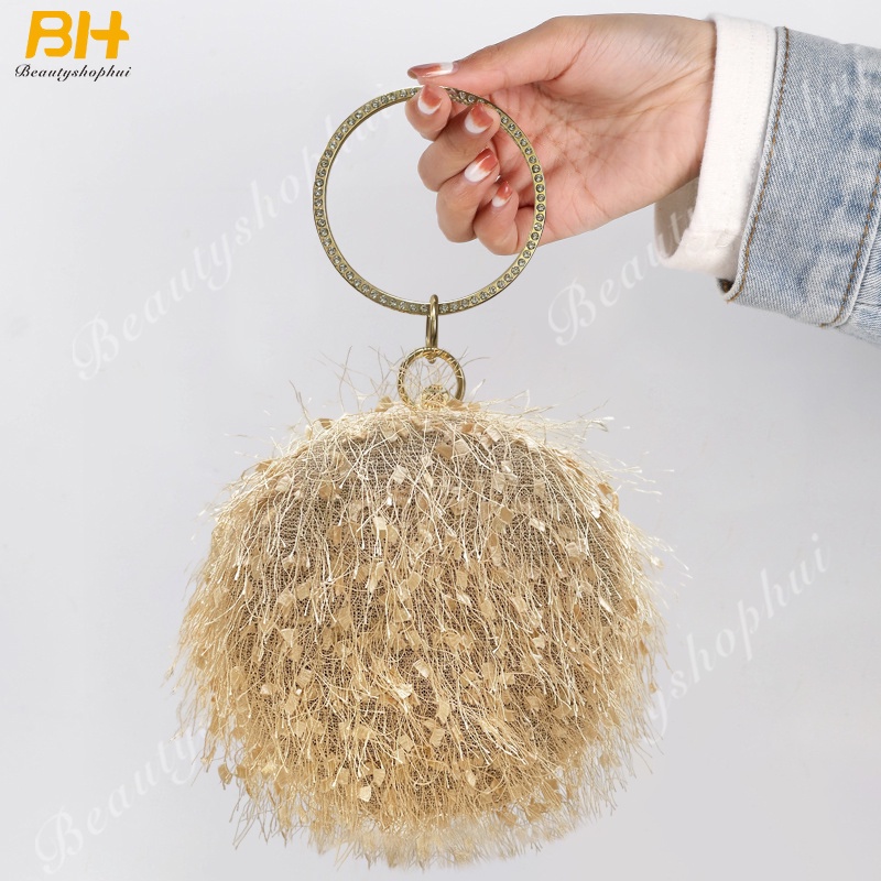 Ví cầm tay hình tròn phối tua rua thời trang dự tiệc