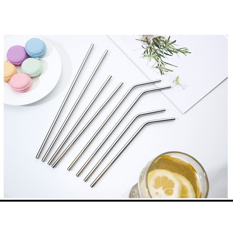 Combo 2 Ống Hút Inox thẳng 2 cong ngắn và 1 cọ rửa Stainless Steel Straws - Thân Thiện Với Môi Trường - Dài 21.5 cm