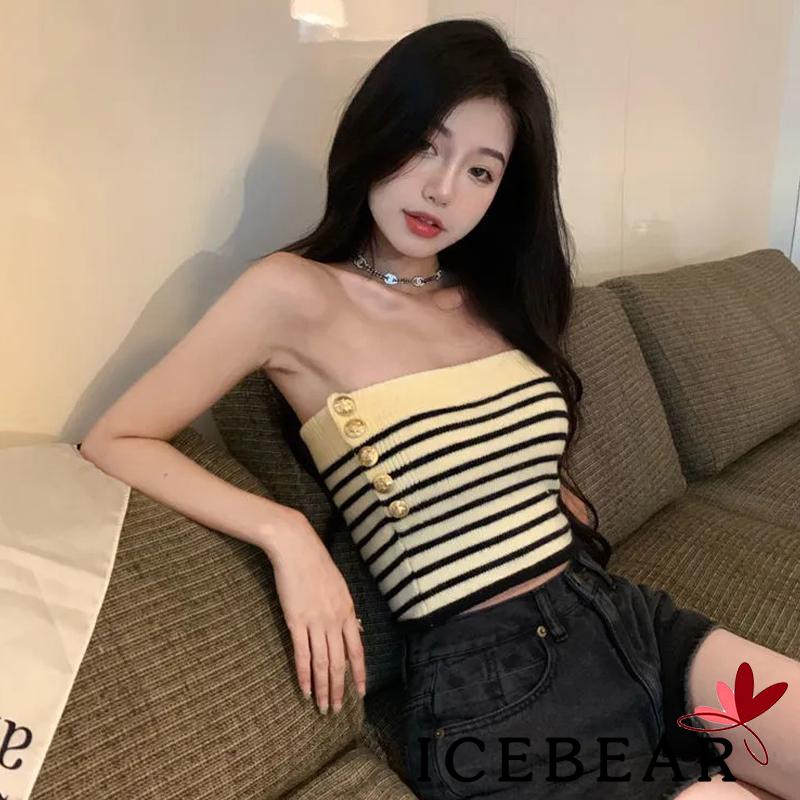 ICE-Women Bandeau Tops Striped Slim Fit Sleeveless Crop Tops Streetwear Party Club Wear