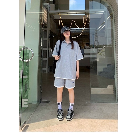 [ nặng 1kg ] Set đồ nữ form rộng unisex, áo polo cổ bẻ kèm quần short đùi thêu logo chất liệu cotton tổ ong