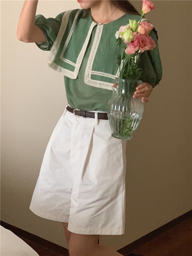 Áo Sơ Mi Kẻ Sọc Ngắn Tay Cổ Bẻ Phối Ren Cỡ Lớn Phong Cách Retro 53588