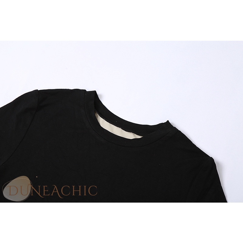 DUNEA Áo thun lửng tay ngắn cổ tròn màu tương phản quyến rũ thời trang dành cho nữ