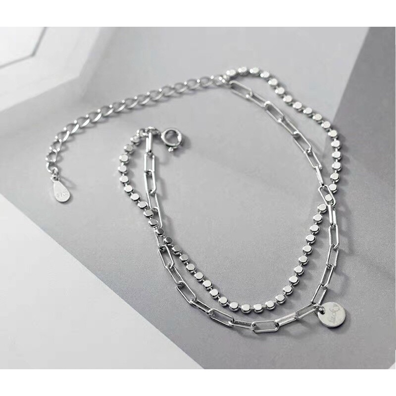 Lắc tau dải tròn dây kép mắt xích cá tính bạc thật phủ vàng trắng