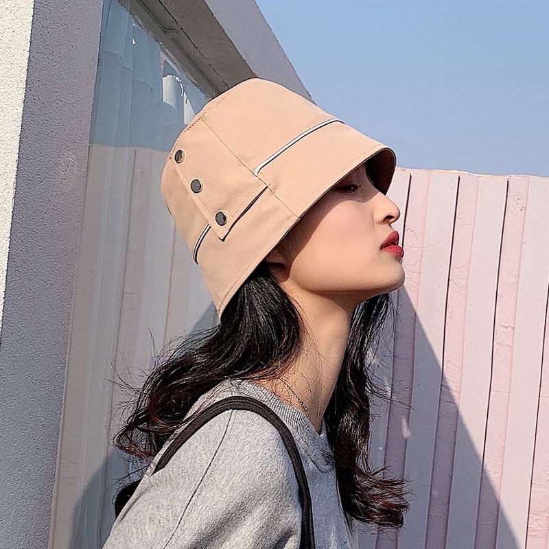Nón bucket thời trang Hàn Quốc đính nút vải cotton có dây rút điều chỉnh bên trong nón