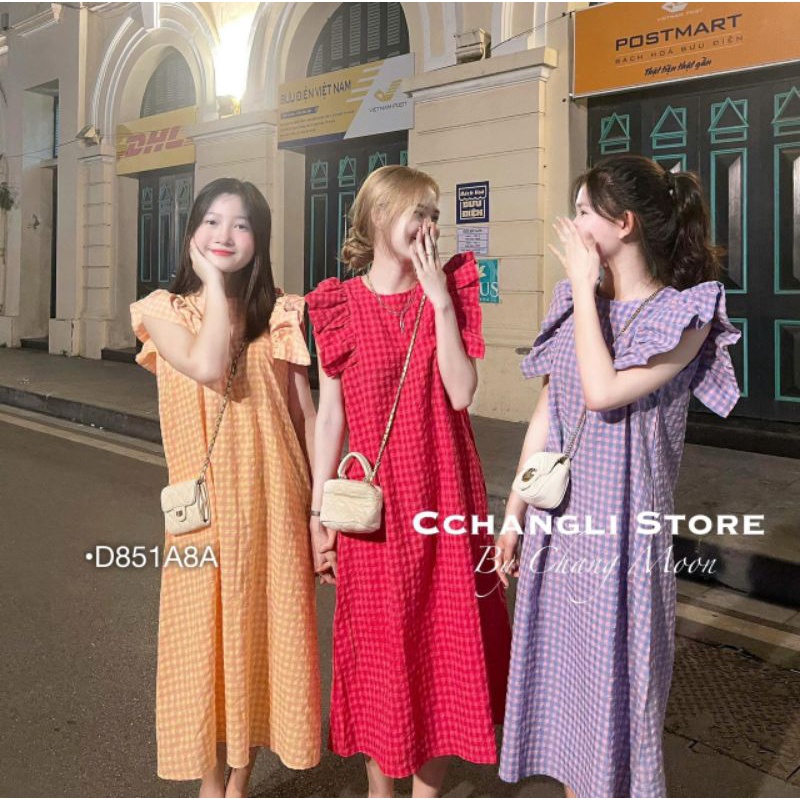 Váy Kẻ Caro Cánh Tiên Dáng Suông Form Rộng Hàn Quốc Bầu Bon Chen Được Màu Tím, Hồng, Cam
