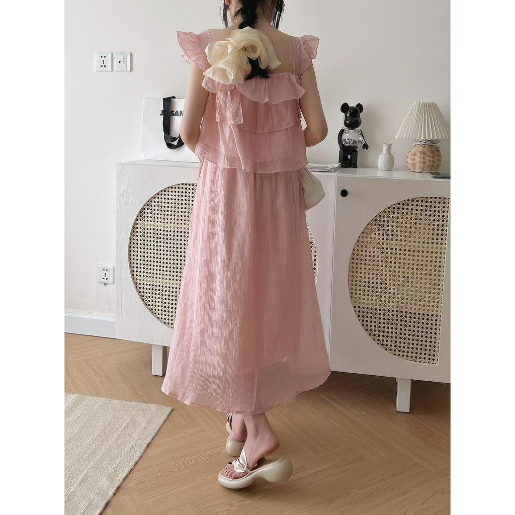 Set áo 2 dây cánh tiên tầng kèm chân váy dài chất tơ đũi