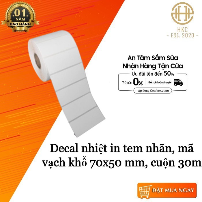 Decal nhiệt in tem nhãn, mã vạch khổ 70x50 mm, cuộn 30m