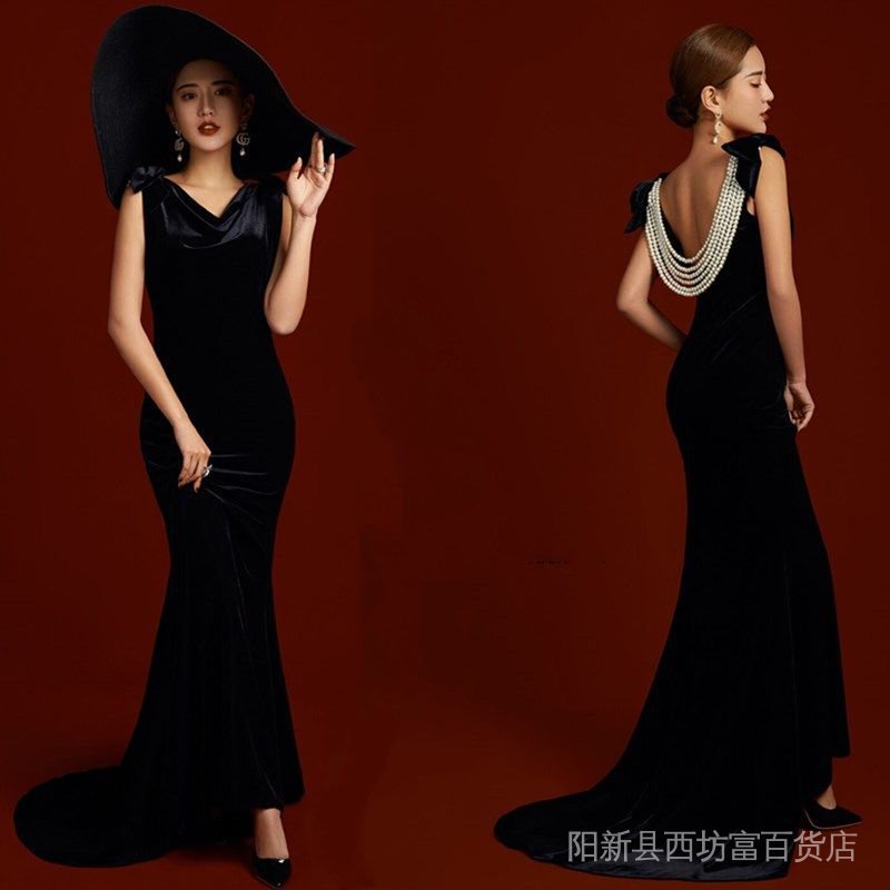 Đầm Đuôi Cá Hai Dây Màu Đen Phong Cách Hepburn Cổ Điển Thời Trang Dùng Chụp Ảnh Cưới / Studio
