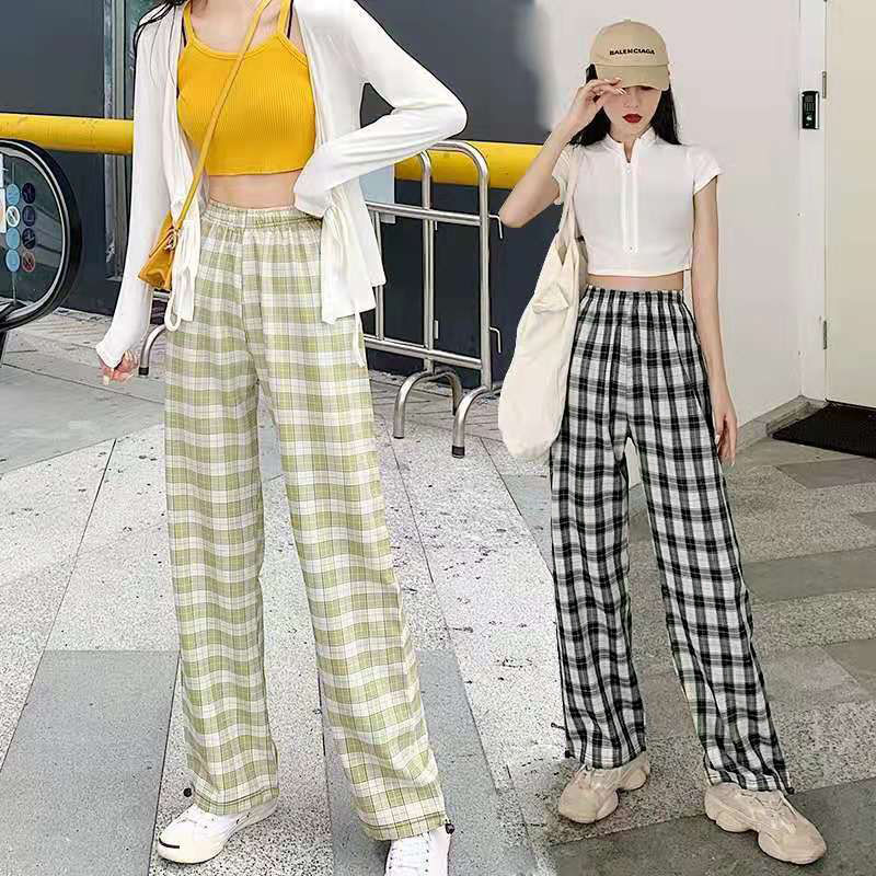 Plaid pants women's summer loose and thin wide-leg pants wild straight casual pants trend