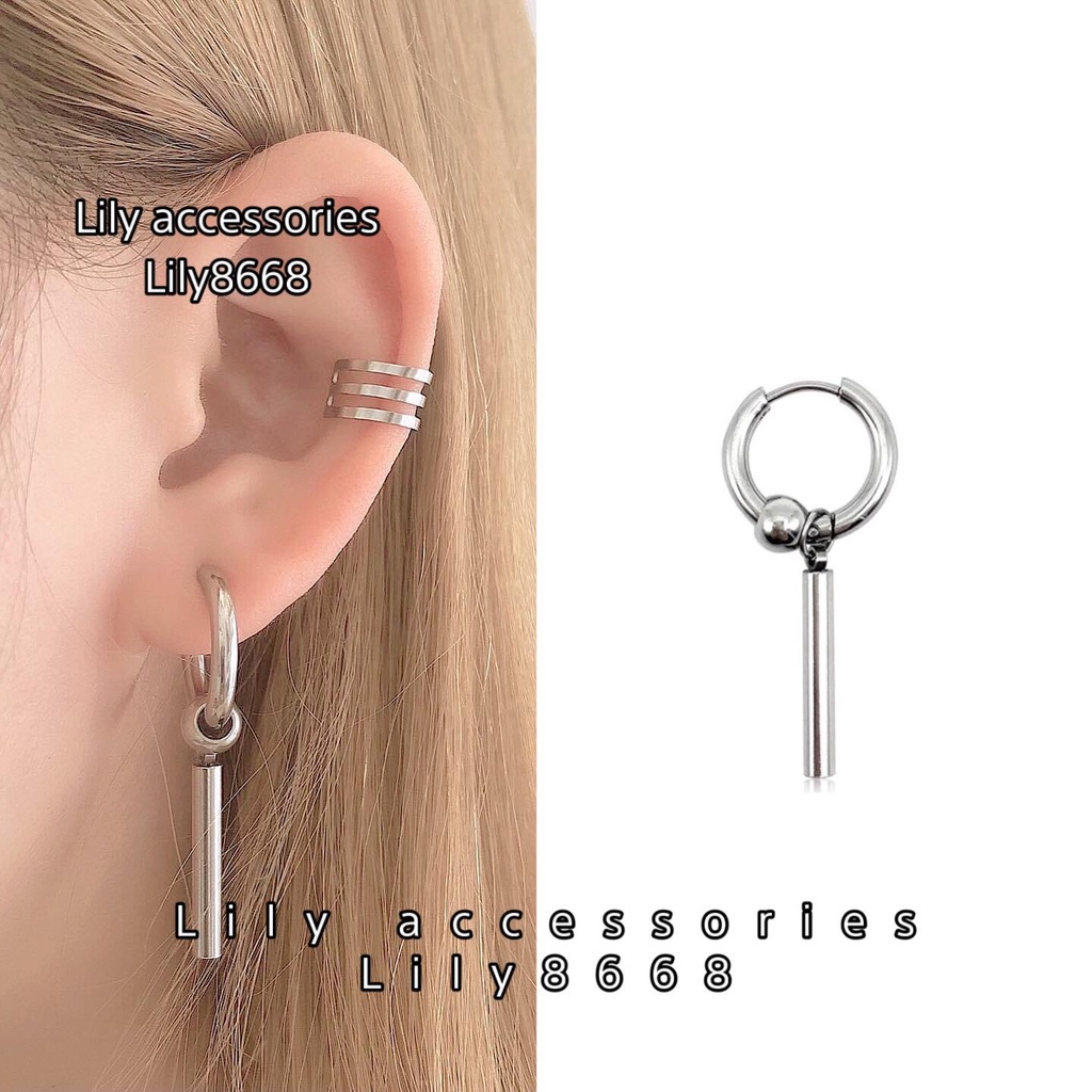 khuyên tai titan thanh bi tròn không gỉ không đen Hoop Earring With Stick cho nam nữ
