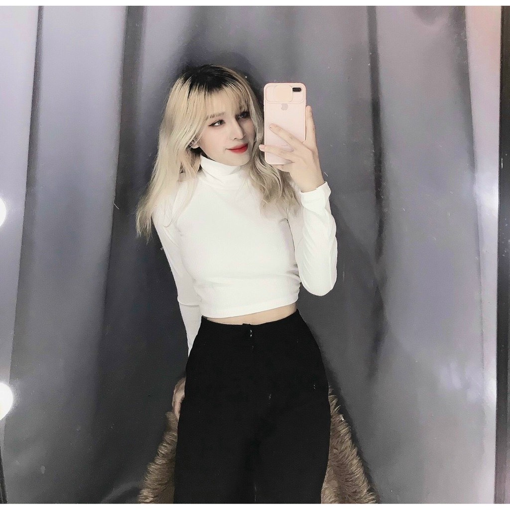 Áo cổ lọ croptop tay dài trơn cực xinh , chất thun gân mềm mịn mát
