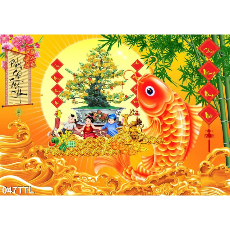 Tranh dán tường 3d Cá Chép tài lộc ngày tết - Tranh chậu mai - Tranh Tết
