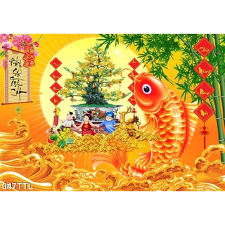 Tranh dán tường 3d Cá Chép tài lộc ngày tết - Tranh chậu mai - Tranh Tết