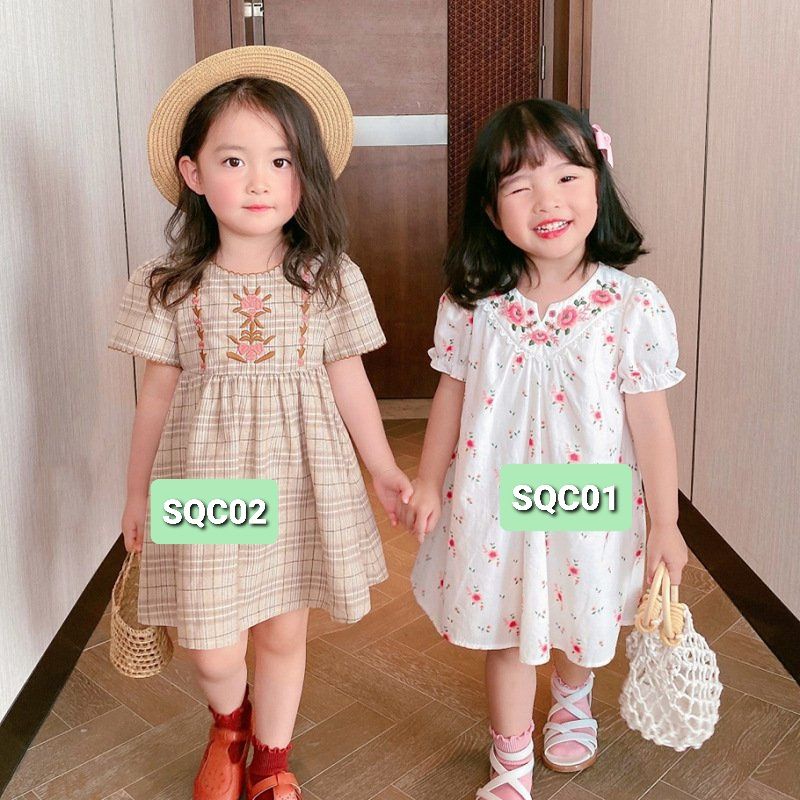 Váy bé gái 1-10T smock thêu hoa Quảng Châu, Sofia Thiết kế màu trắng, hồng, hoa thêu, kẻ kaki
