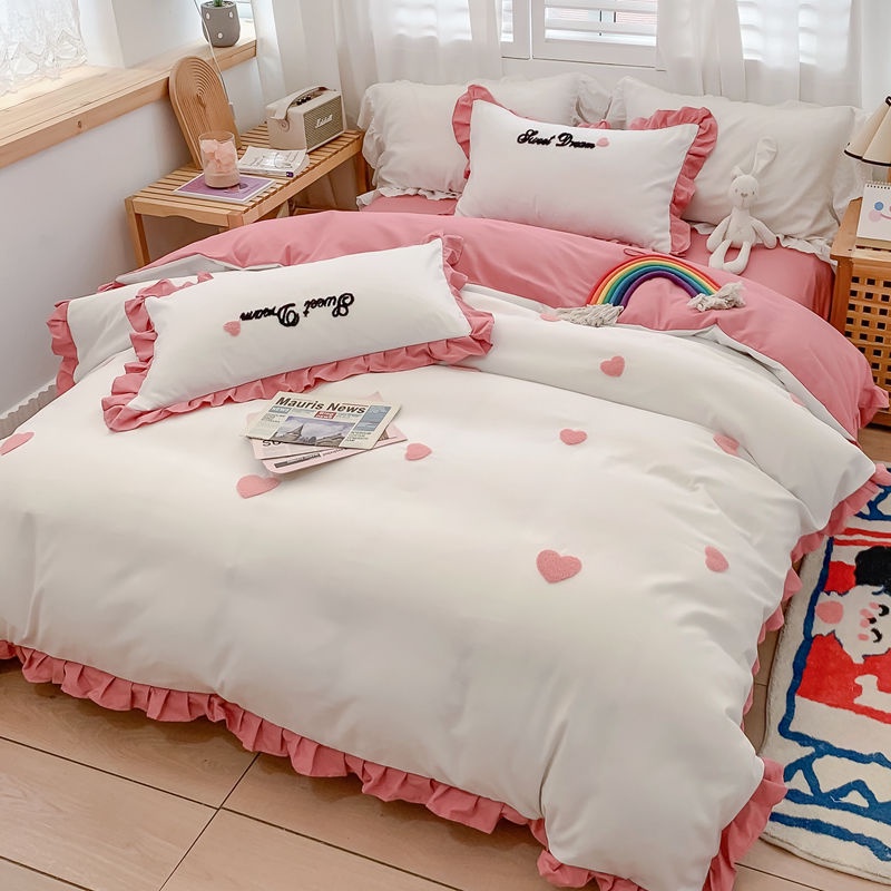 Ins net red cartoon washed cotton bed four piece set Korean princess style girl heart embroidered quilt cover fitted sheet L4Ry