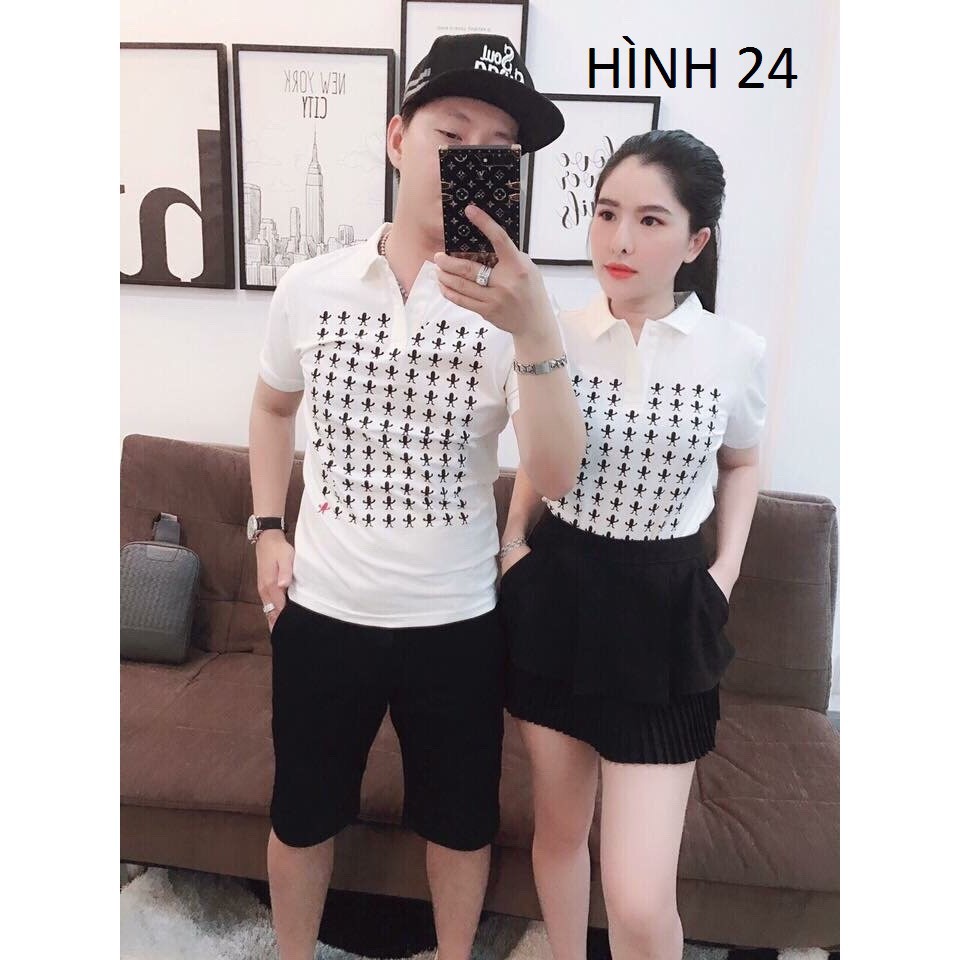 [S03] Áo thun cặp cổ trụ phối họa tiết hoa hàng chuẩn shop - AT017