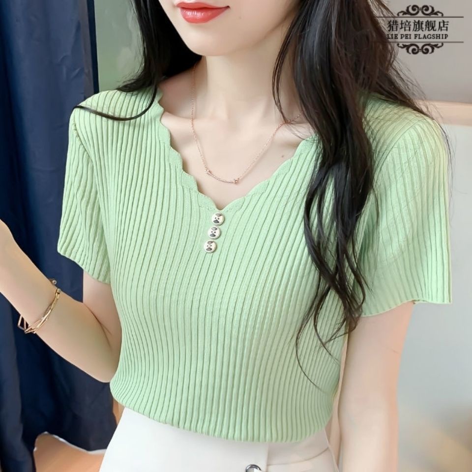Áo Thun Tay Ngắn Cổ Chữ V Dáng Rộng Cài Nút Chất Lụa Lạnh Co Giãn Phong Cách Hàn Quốc Thời Trang Mùa Hè Cho Nữ a30