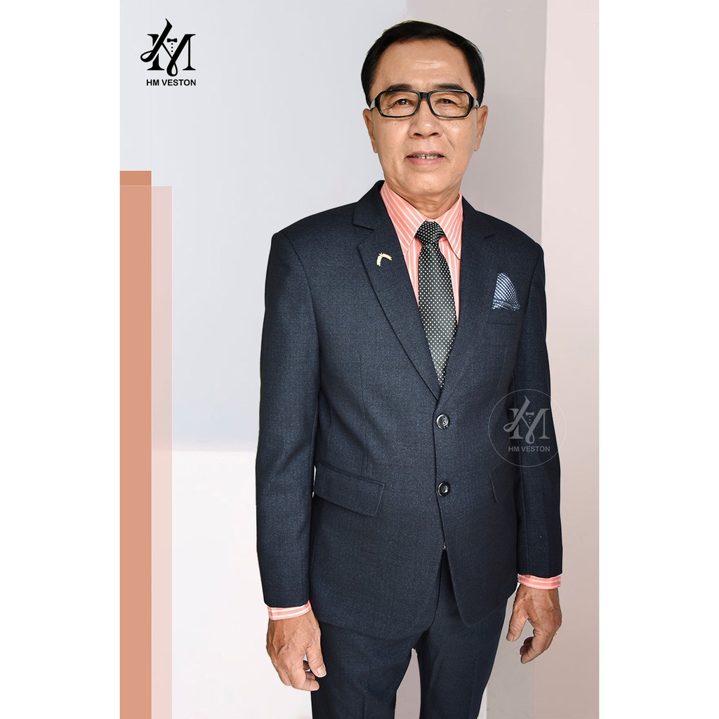 Bộ vest nam form suông 2 nút màu xanh đậm chất liệu vải nhập cao cấp tặng kèm cà vạt