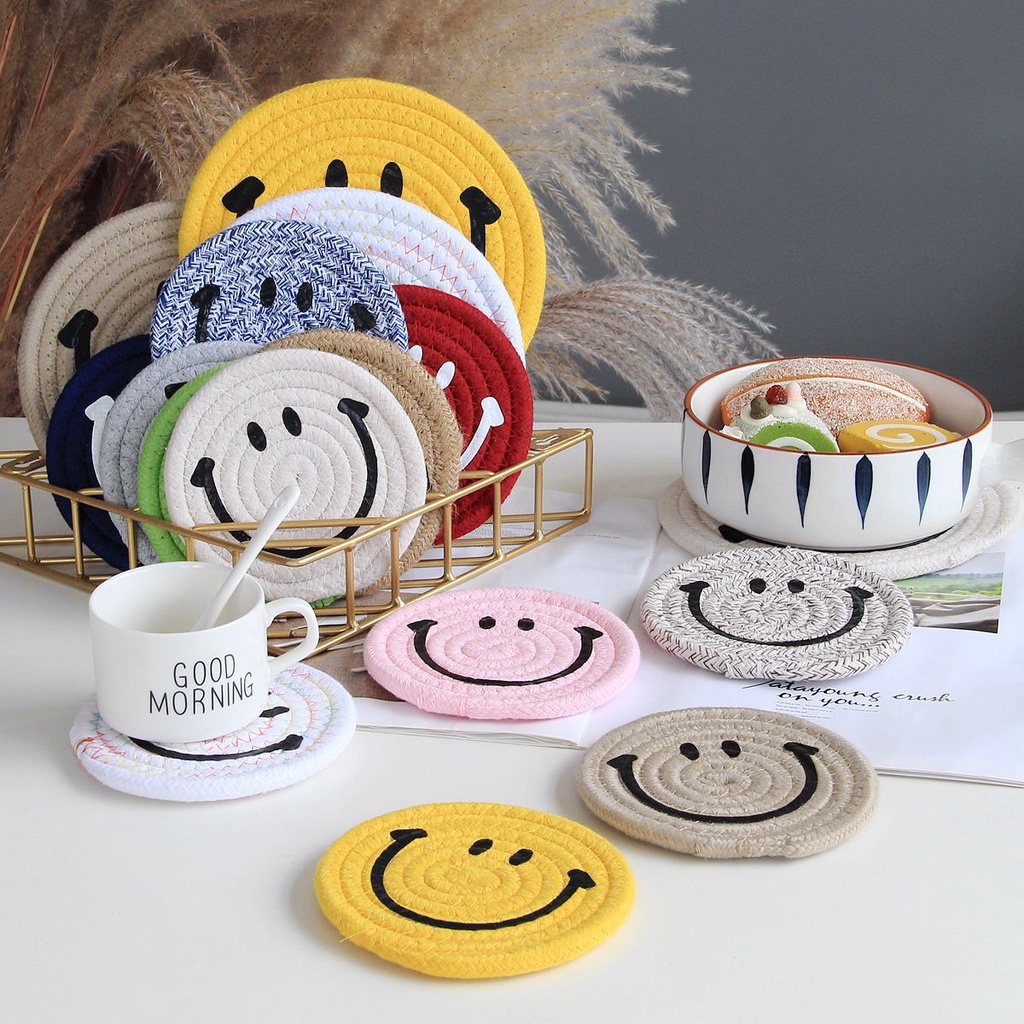 Tấm Lót Chén Dĩa Sợi Cotton Dệt Kim Họa Tiết Biểu Tượng Cảm Xúc Đơn Giản Cách Nhiệt Phong Cách Hàn Quốc