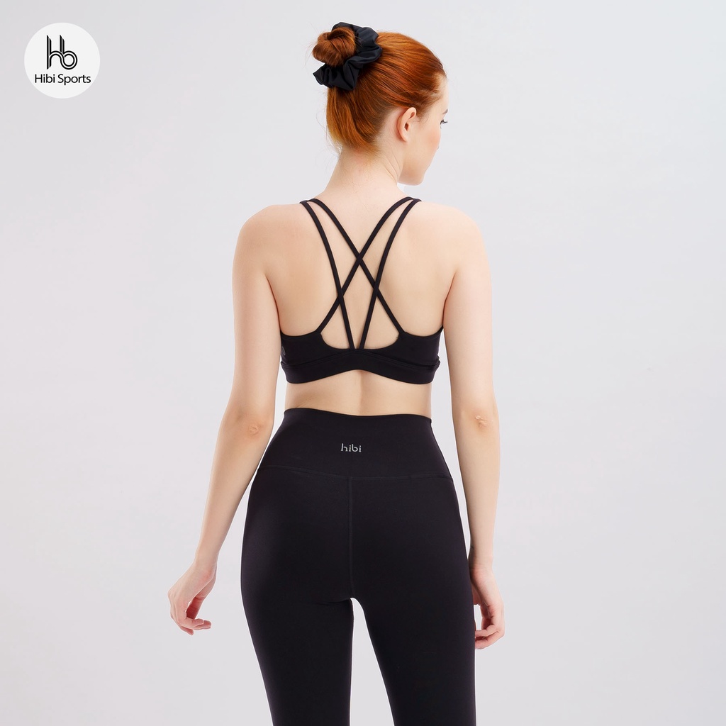 Set đồ tập yoga gym Luxury Hibi Sports H145 4 dây đan VX, size mới, màu Đen kèm mút ngực, vải cao cấp Hi Fabric