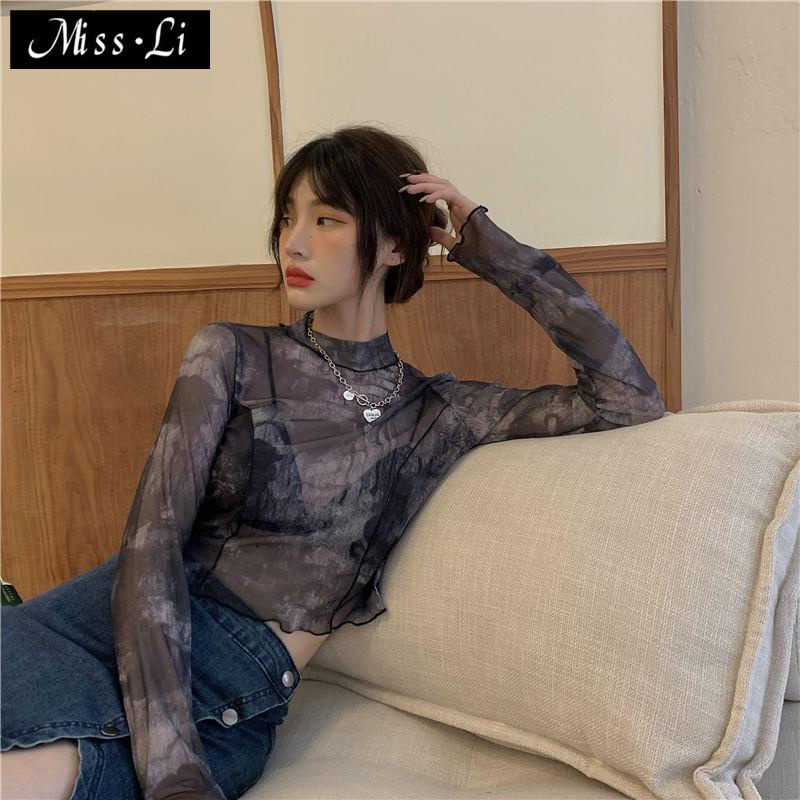 Áo Thun Mỏng Tay Dài Dáng Ngắn Phối Màu Nhuộm Thời Trang Mùa Hè Hàng Mới Cho Nữ 2022