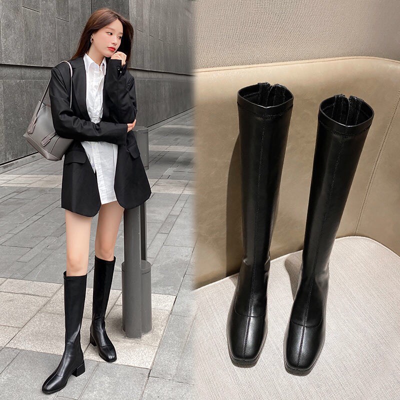 Boots đùi da PU mềm ôm bắp chân đế 3cm B002
