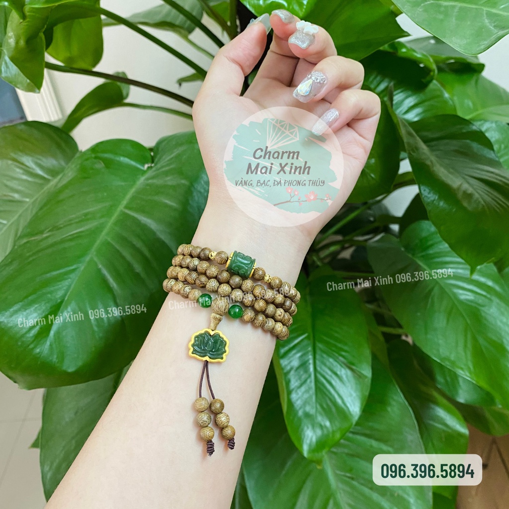 Chuỗi Trầm Hương Tốc 108 hạt phối Hoa Sen và Lu Khắc Ngo.c Bích bọc Bạc 925 - Vòng Tay Hoa Gỗ tự nhiên Nam Nữ phong thuỷ