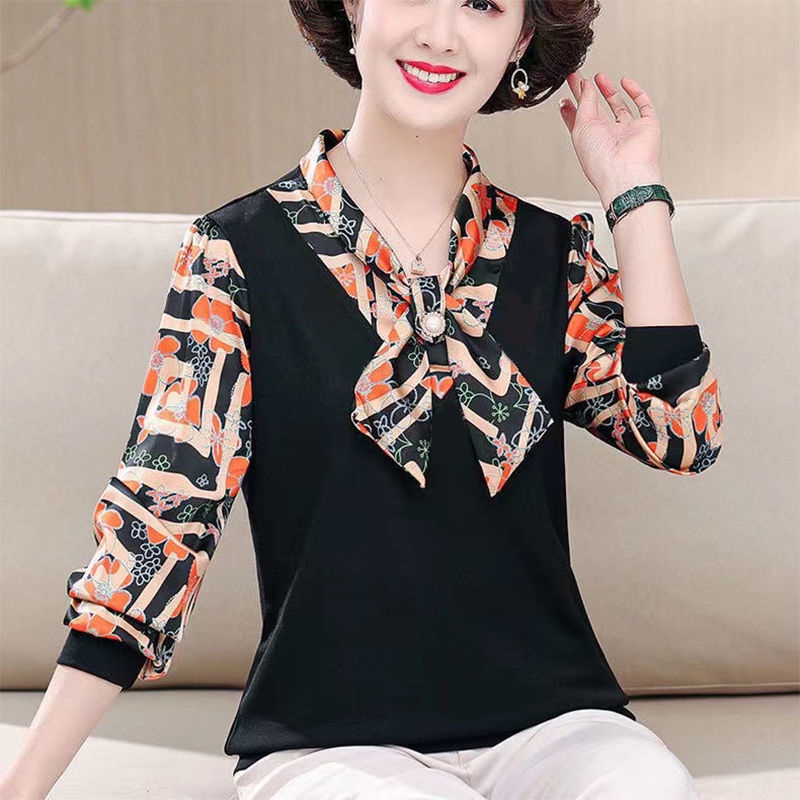 Áo Thun Tay Dài Dáng Rộng Phong Cách Phương Tây Thời Trang Mùa Thu Cho Phụ Nữ Trung Niên