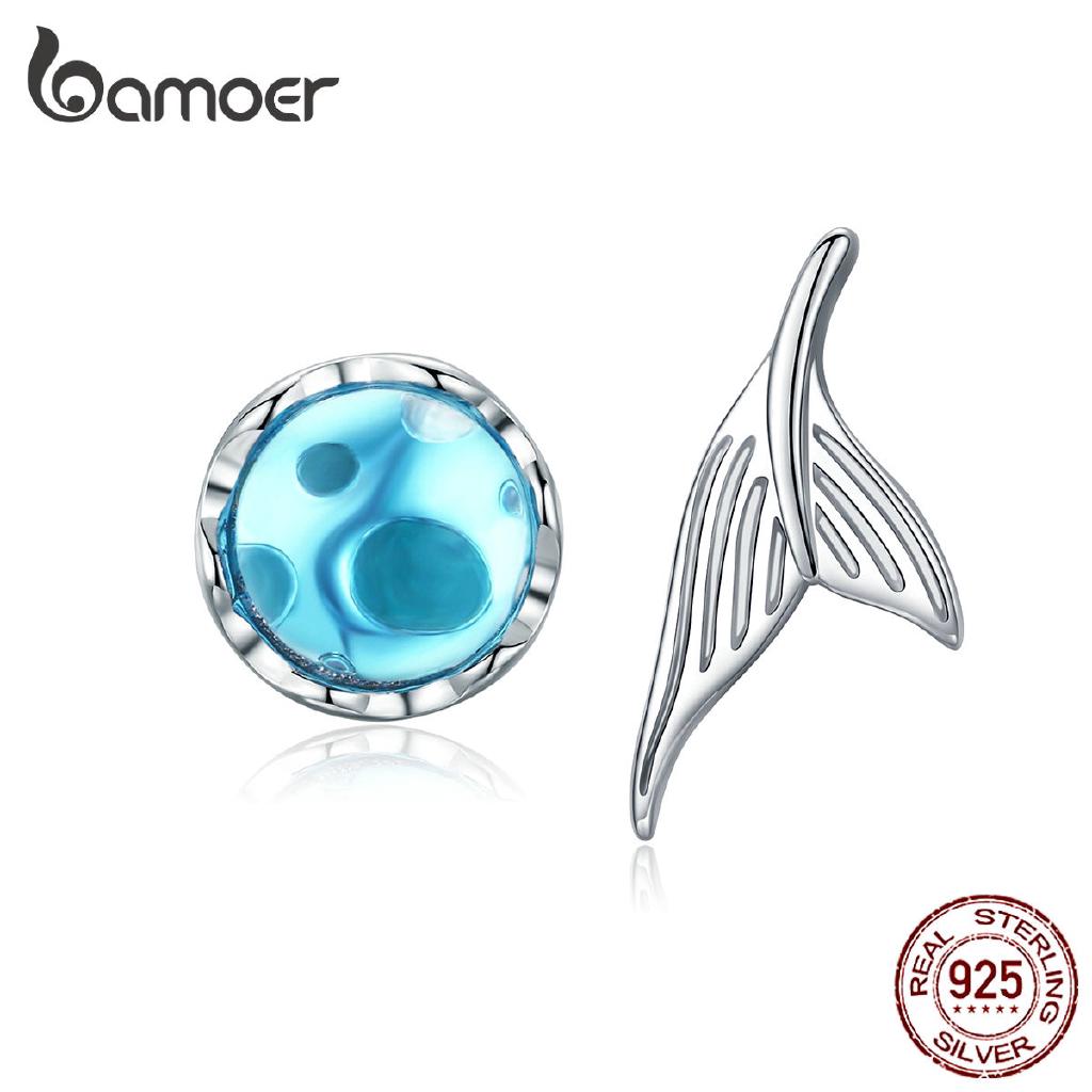 BAMOER Bông Tai bạc 925 Hình Đuôi Cá Đính Đá Pha Lê Xanh Dương Thời Trang Cho Nữ