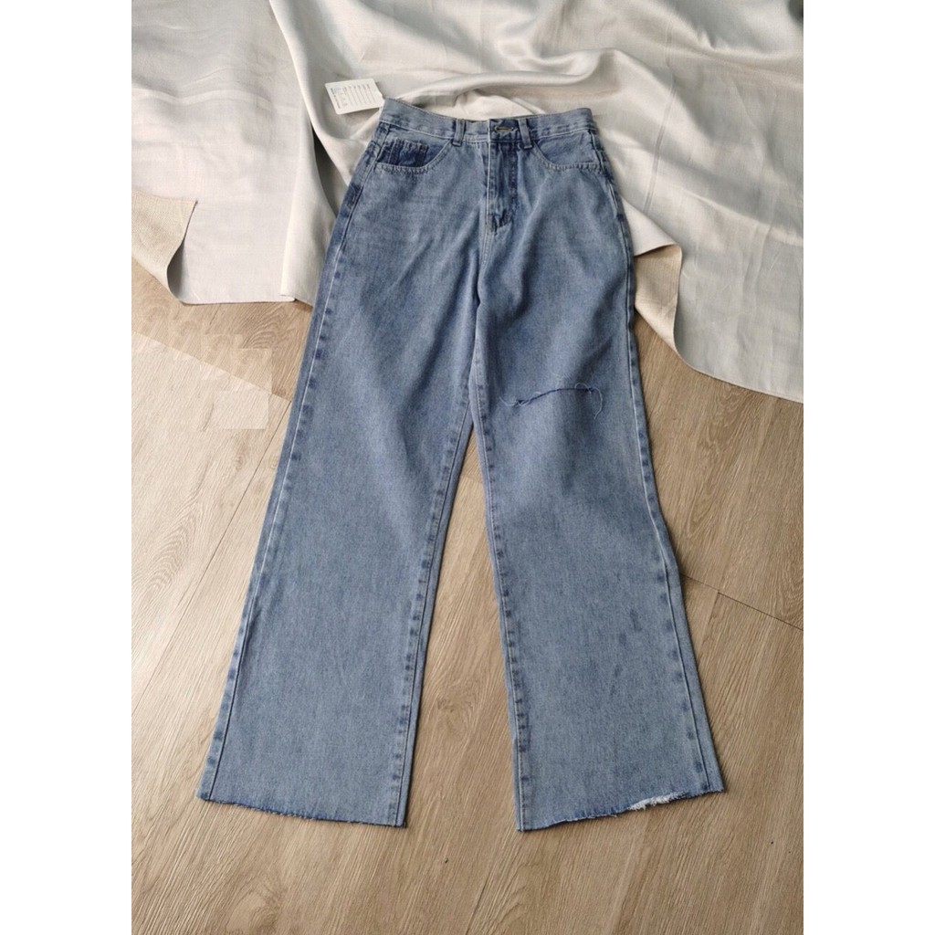 Quần jeans dài ống suông cullotes QJSD 67, quần bò kiểu nữ rách 1 đường cá tính, rin xanh đẹp ống rộng trơn