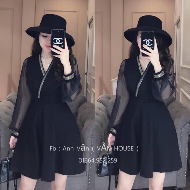 Đầm voan xoè đắp chéo phối viền kim sa hàng Quảng Châu