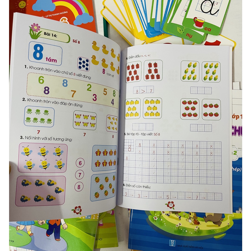 Tặng kèm thẻ học chữ và số + 1 bút chì - Bộ tập tô chữ cái, số đếm, vần, các nét cơ bản cho bé
