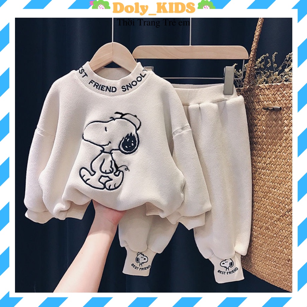 Bộ nỉ cho bé trai Doly-kids, Bộ thu đông bé trai bé gái thêu hình chú chó chất nỉ bông cực ấm từ 7- 28kg NC881