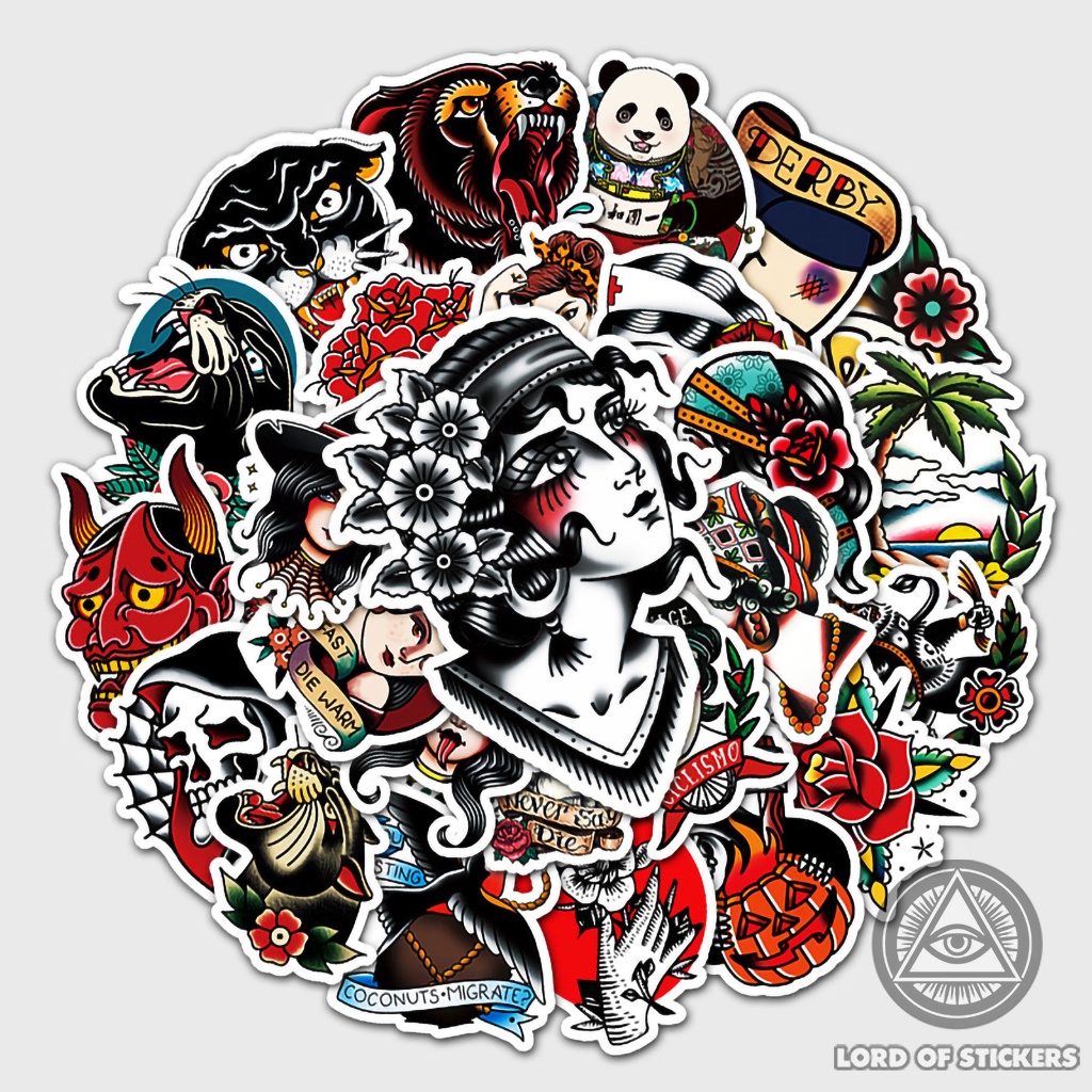 Set 50 Hình Dán Tattoo Vintage Sticker Họa Tiết Xăm Phong Cách Cổ Điển Chống Thấm Nước Trang Trí Mũ Bảo Hiểm, Laptop, Xe