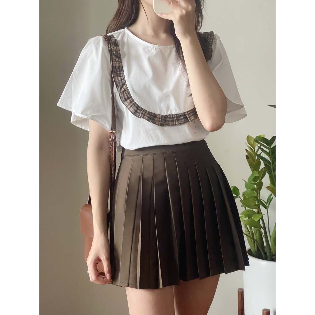 Áo sơ mi ngắn tay màu trắng, áo kiểu cộc tay cách điệu cổ viền nâu xinh xắn, tiểu thư MÃ OC06