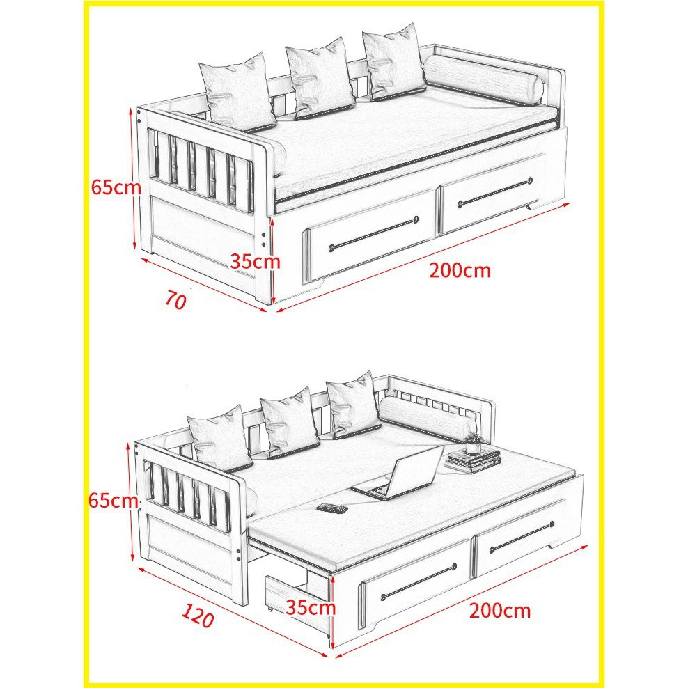 Sofa giường gỗ thông có ngăn kéo màu gỗ  + gối đệm - Ghế sofa