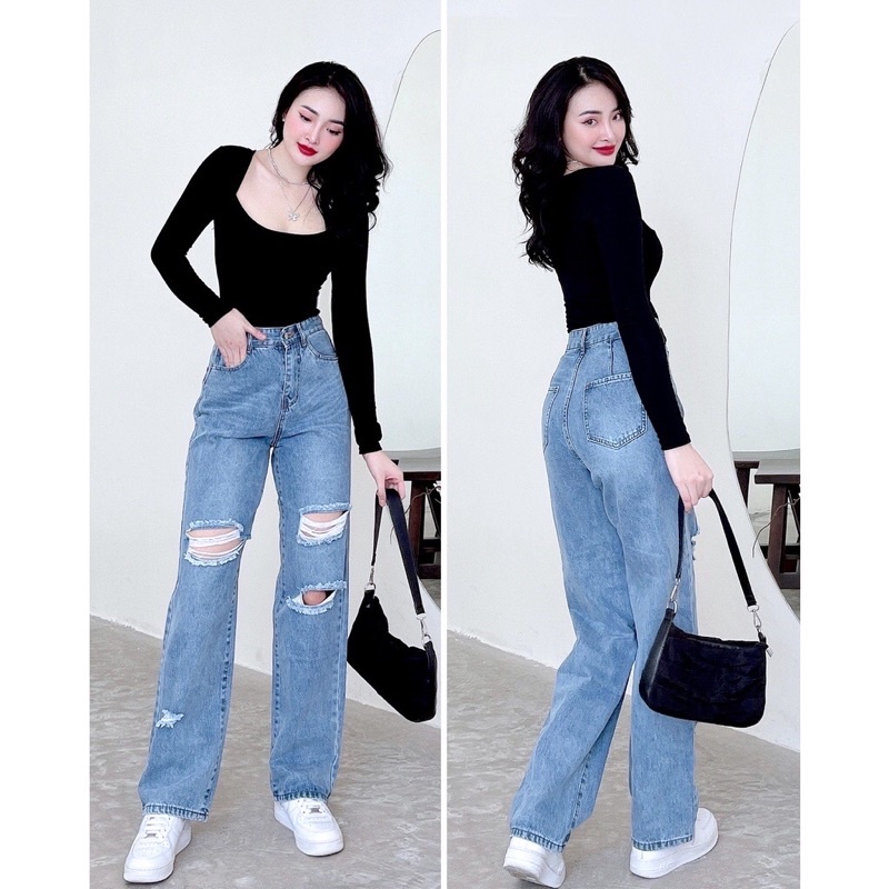 Quần Jeans Nữ Ống Rộng Lưng Cao Dáng Suông | WebRaoVat - webraovat.net.vn