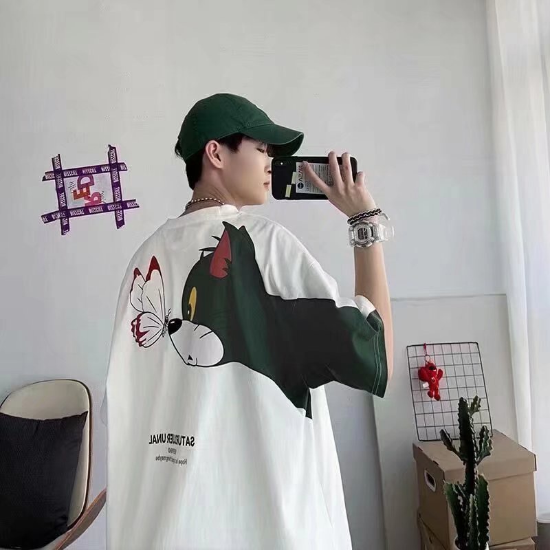 Áo Thun Tay Ngắn Cổ Tròn Dáng Rộng In Hình Mèo Hoạt Hình Phong Cách Hàn Quốc Thời Trang Mùa Hè Cho Nam