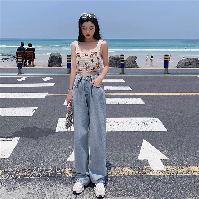 [SẴN] Áo croptop 2 dây hoa thêu ulzzang đi biển / Áo len giả cói croptop ( có ảnh thật )