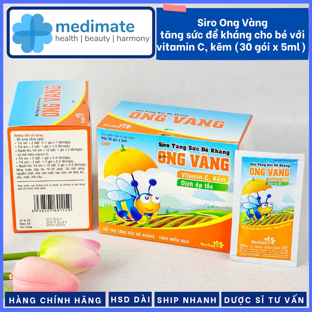 Siro Ong Vàng tăng sức đề kháng cho bé, bổ sung vitamin C và kẽm (Hộp 30 gói x 5ml)