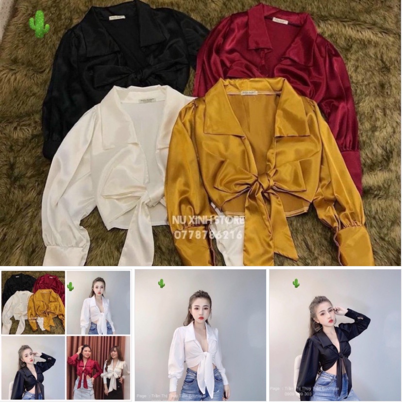 Áo sơ mi nữ tay dài hở ngực sâu cột nơ trước gợi cảm vải phi lụa croptop chuẩn gái Hàn Quốc đẹp hiện đại sexy PC